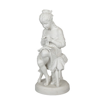 A 19TH CENTURY SCHEIBE ALSBACH PARIAN WARE FIGURE OF A KNITTING GIRL.