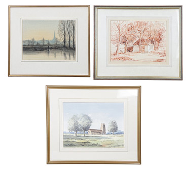 DAVID POOLE 'THE WHITE PAINTED STONE SHED', JOHN A. POOLE 'WATERCOLOUR OF A CHURCH', PETER SOLLY "WINTER DUSK- CITY" (3).