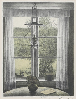 REINHOLD LJUNGGREN. färglitografi, sommarfönster, provtryck, signerad.