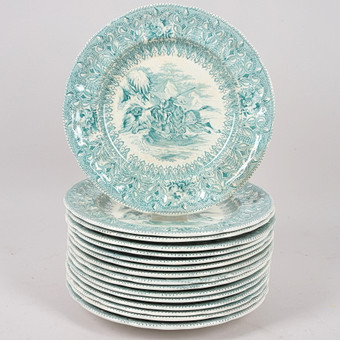 TALLRIKAR, 16 st, porslin, "Turkisk" grön, Rörstrand, 1800-talets mitt.