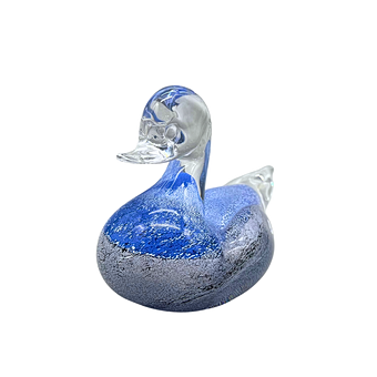 HANDMADE GLASS DUCK FIGURINE WITH BLUE CASING.