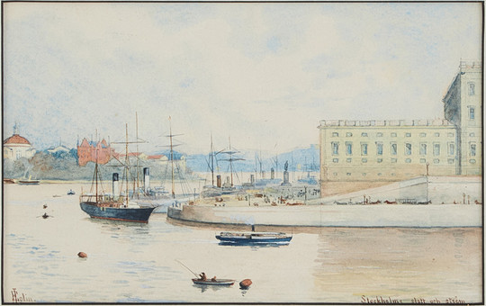 ELLEN JOLIN. "Stockholms slott och ström", akvarell med täckvitt på papper, signerad E Jolin.