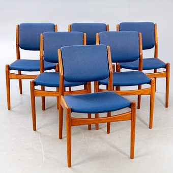 ARNE VODDER. Sibast, six chaises modèle 51 en teck, tissu bleu, Danemark, années 1960 (6).