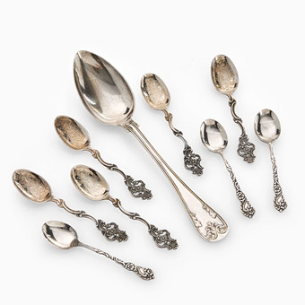 SILVERSKEDAR, 9 delar, olika modeller samt olika tillverkare bla Thorvald Marthinsen Sølvvarefabrik Norge, GAB.