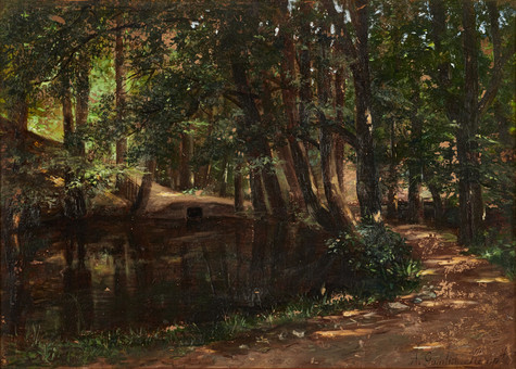 ANNA GUMLICH-KEMPF (1860-1949). Skogsdamm, signerad A Gumlich Kempf, olja på pannå.