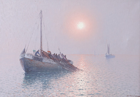 JOHAN OSSIAN ANDERSSON. Fiskebåtar, olja på duk, signerad J. Ossian.