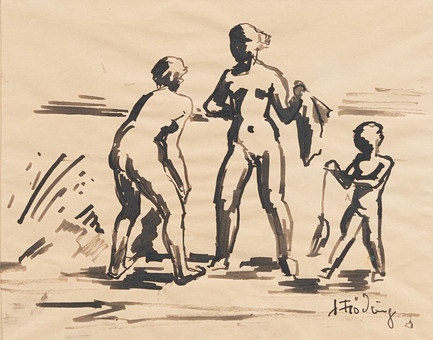 JONAS FRÖDING. Nakenbadare vid strand, akvarell, signerad o.