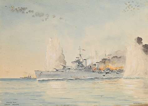 COMMANDER ERIC ERSKINE CAMPBELL TUFNELL RN (BRITISH, 1888–1979), ORIGINAL WATERCOLOUR PAINTING OF H.M.S. FIJI UNDER AIR ATTACK, CRETE, 22ND MAY 1941.