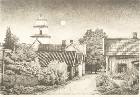 KJELL WALTER. Litografi, "Ulricehamn - Månskensnatt i Väktargränd", numrerad 11/200, signerad.