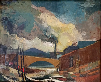 *MID-CENTURY OIL ON BOARD - CONTINENTAL INDUSTRIAL SCENE.