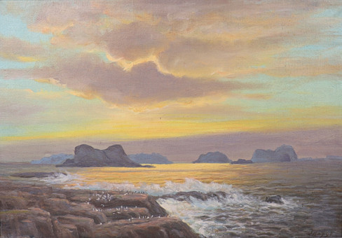 OIDENTIFIERAD KONSTNÄR. olja på duk, solnedgång vid klippig kust.
