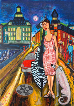 ANGELICA WIIK. "Stockholmsnatt", Sankt Eriksbron, Stockholm, signerad Angelica Wiik, färglitografi med glitter, EA.