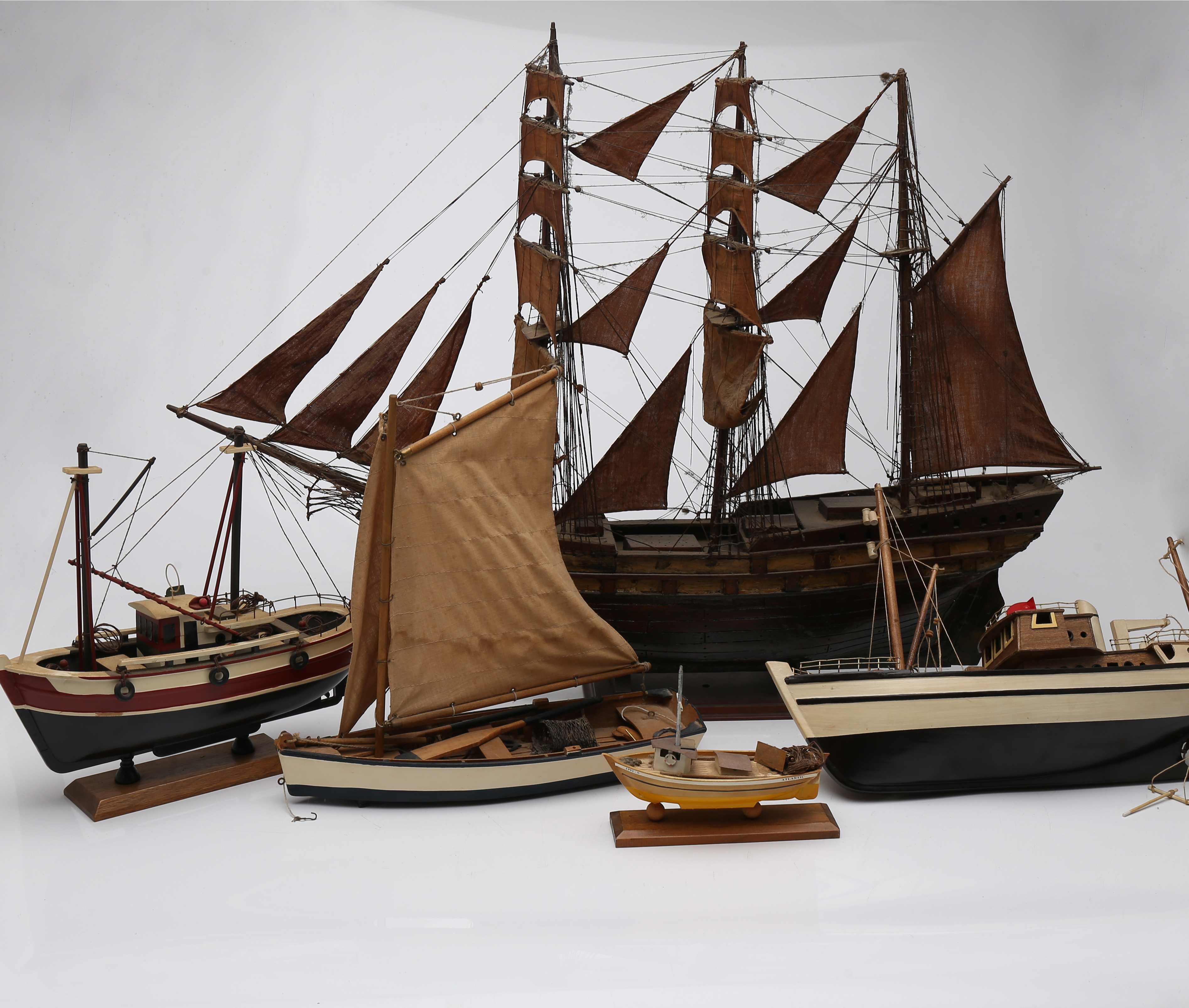 Five models of boats in polychrome wood and fabric, 20th Century ...