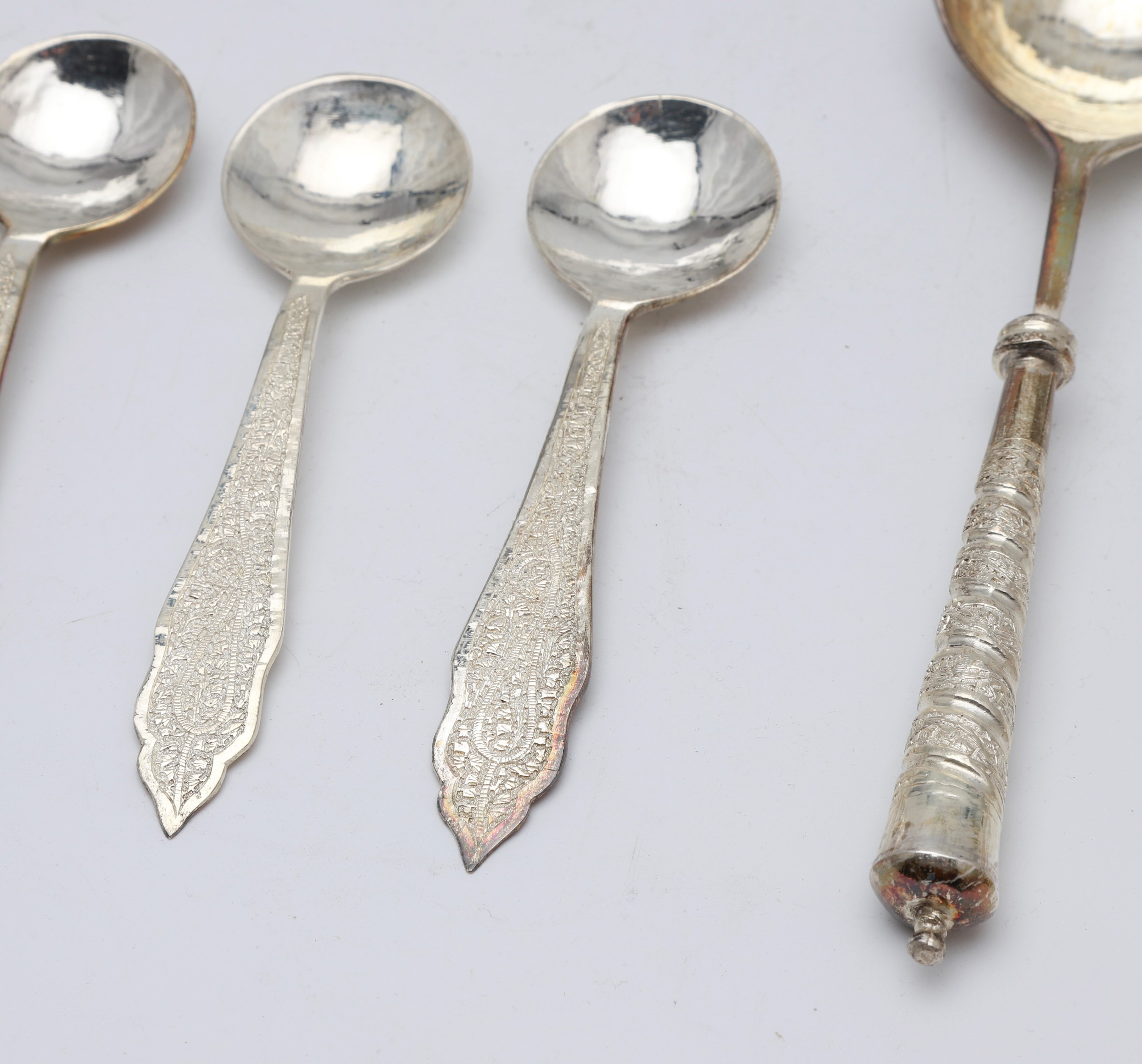 Images for 2029829. Set of eight spoons and set of two Indian serving spoons in silver, 20th