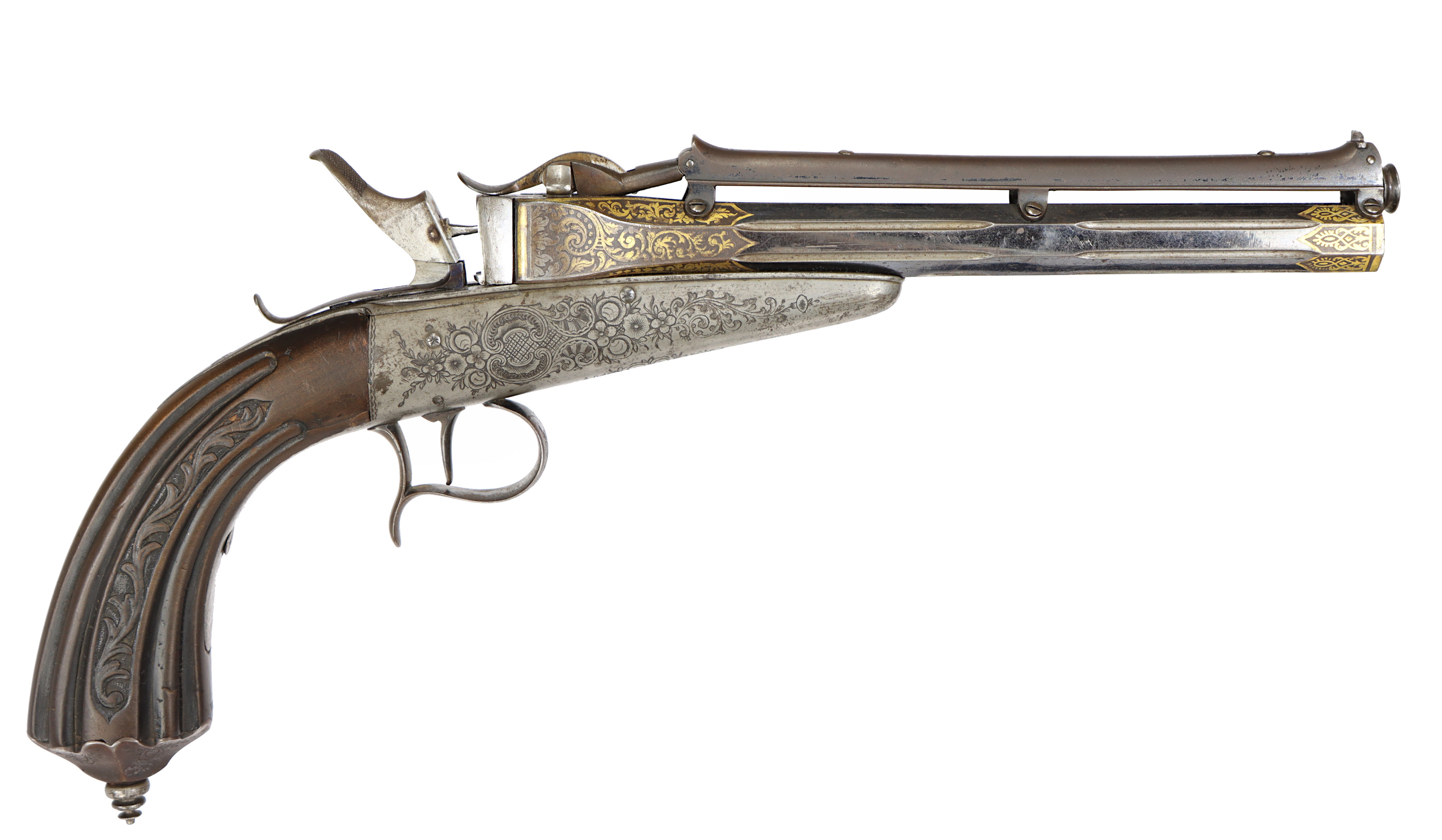 PISTOL, fabrikat Victor Collette, "Gravity Pistol" kaliber 10mm "knallpiller" , tillv.nr 1135.