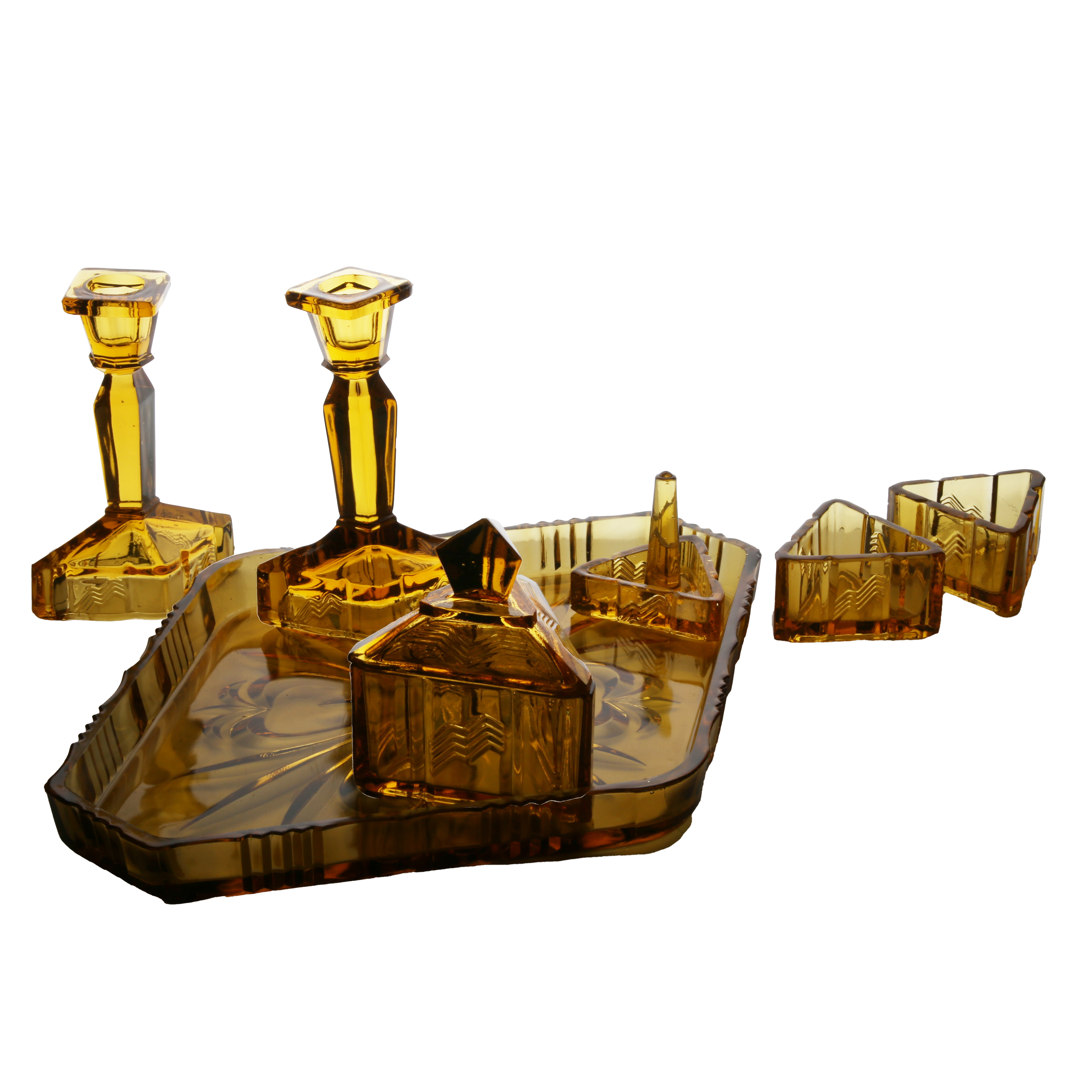 Images for 3190010. AN ART DECO AMBER GLASS DRESSING TABLE SET (7