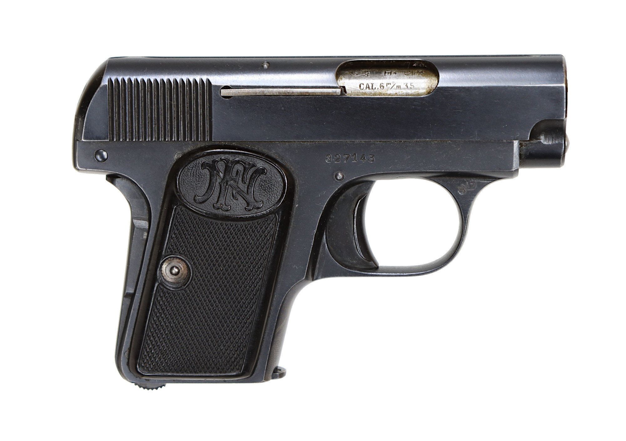 PISTOL, Halvautomatisk, fabrikat FN, modell 1906, kaliber 6,35mm, tillv.nr 827143, se-nr begagnad.