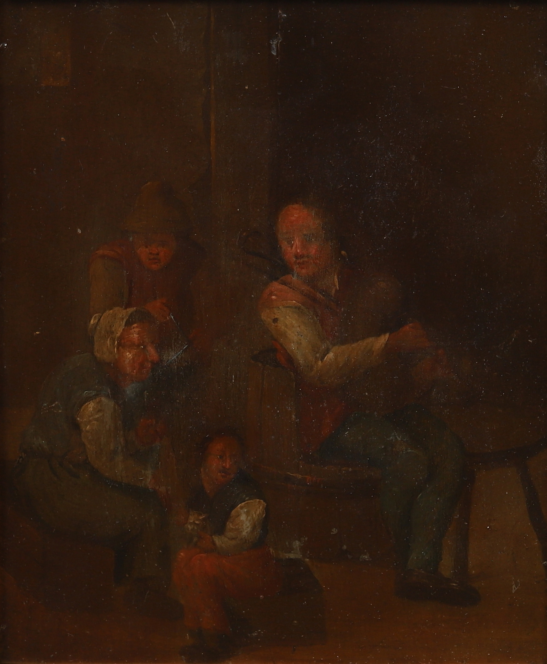 OKÄND KONSTNÄR. Familjen, olja på träpannå, Holland 1700-tal, osignerad.