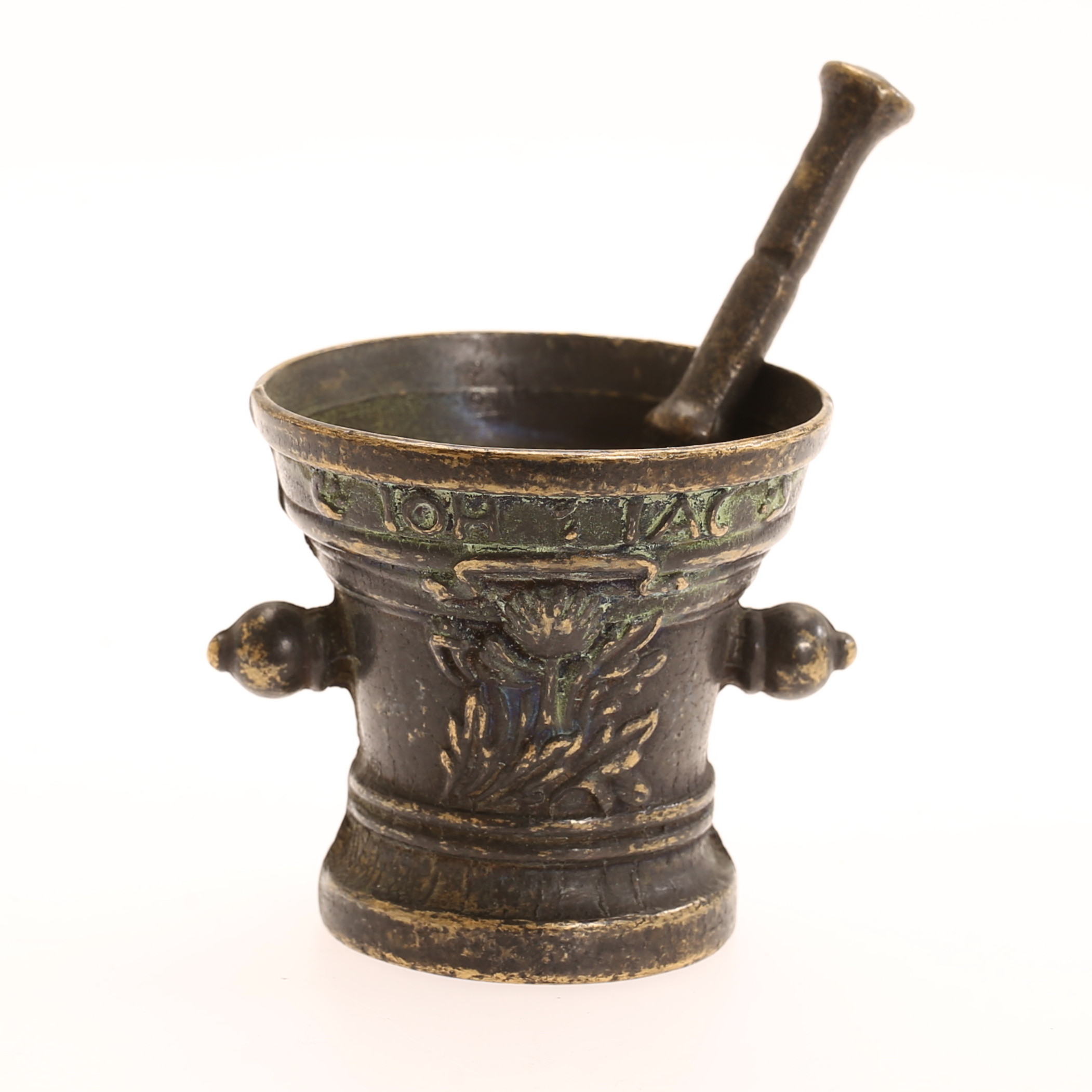 MORTEL med stöt, miniatyr, brons, daterad 1706.