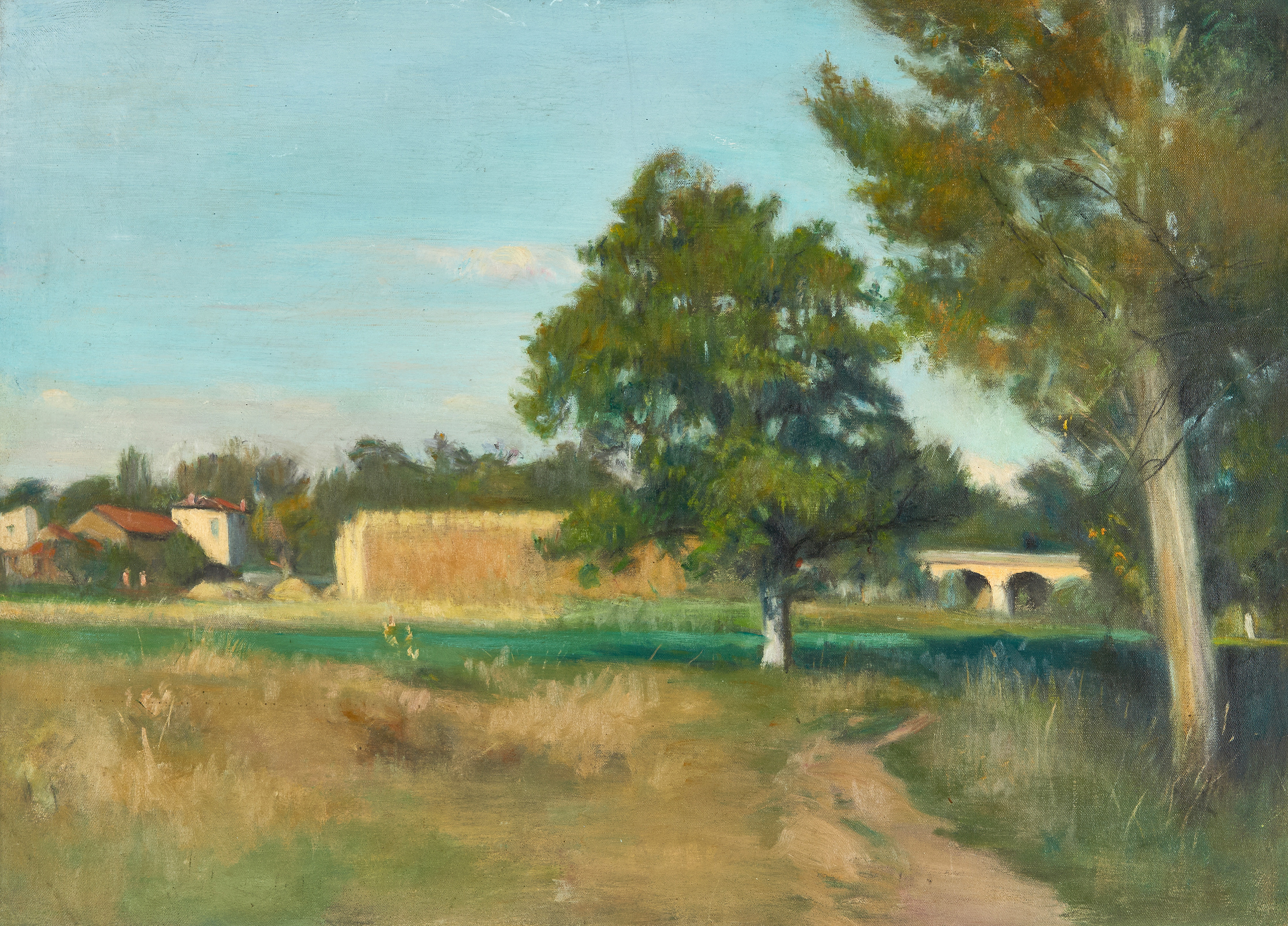 OKÄND KONSTNÄR (1900), Sydländskt landskap med viadukt, olja på duk.