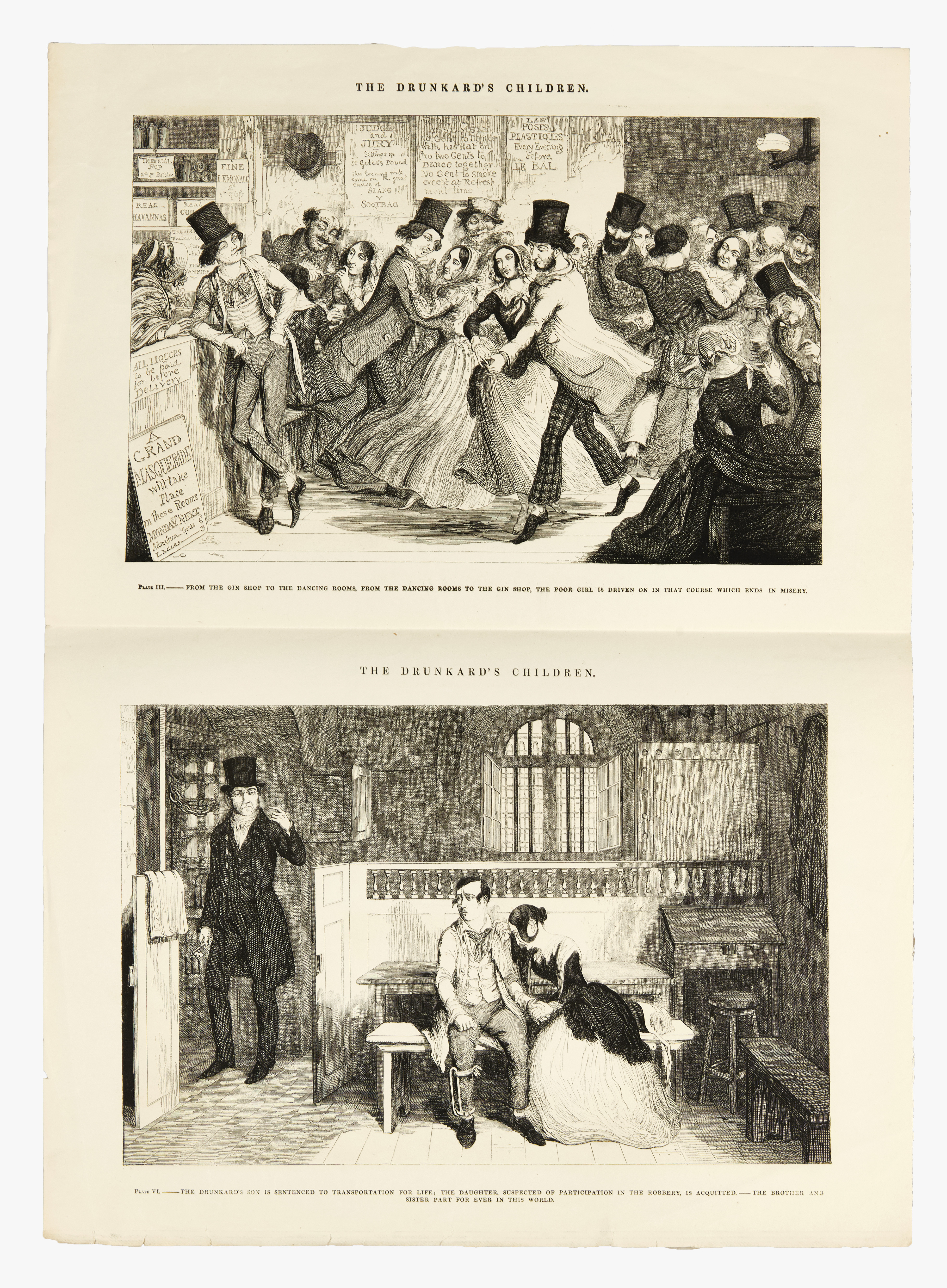 GEORG CRUIKSHANK (1792-1878). ”The Drunkard’s Children. A Sequel to The Bottle” Den kompletta sviten med 8 gravyrer, utgivna av David Bogue, London; John Wiley & G. P. New York; J. Sands, Sydney, New South Wales, 1848.