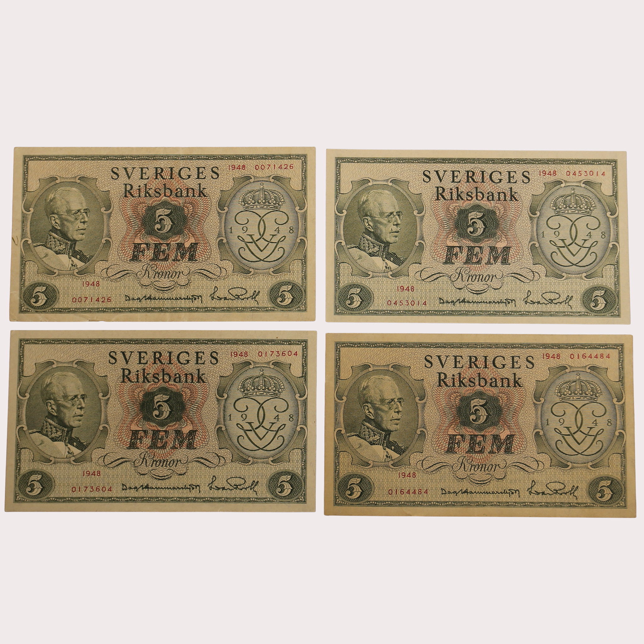 MINNESSEDLAR, 5 kronor, 4 stycken, Sverige, 1948.