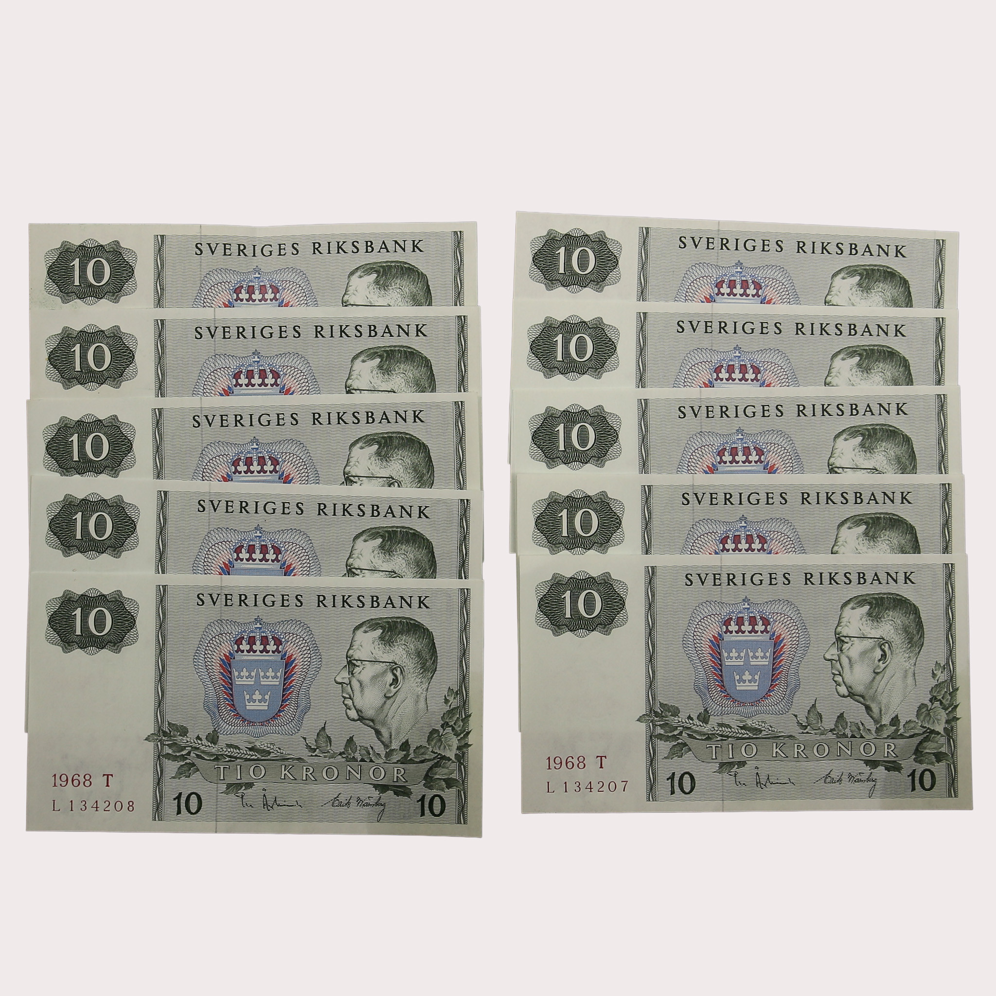 SEDLAR, 10 kronor, 10 stycken i nummerföljd, 1968, Sverige.