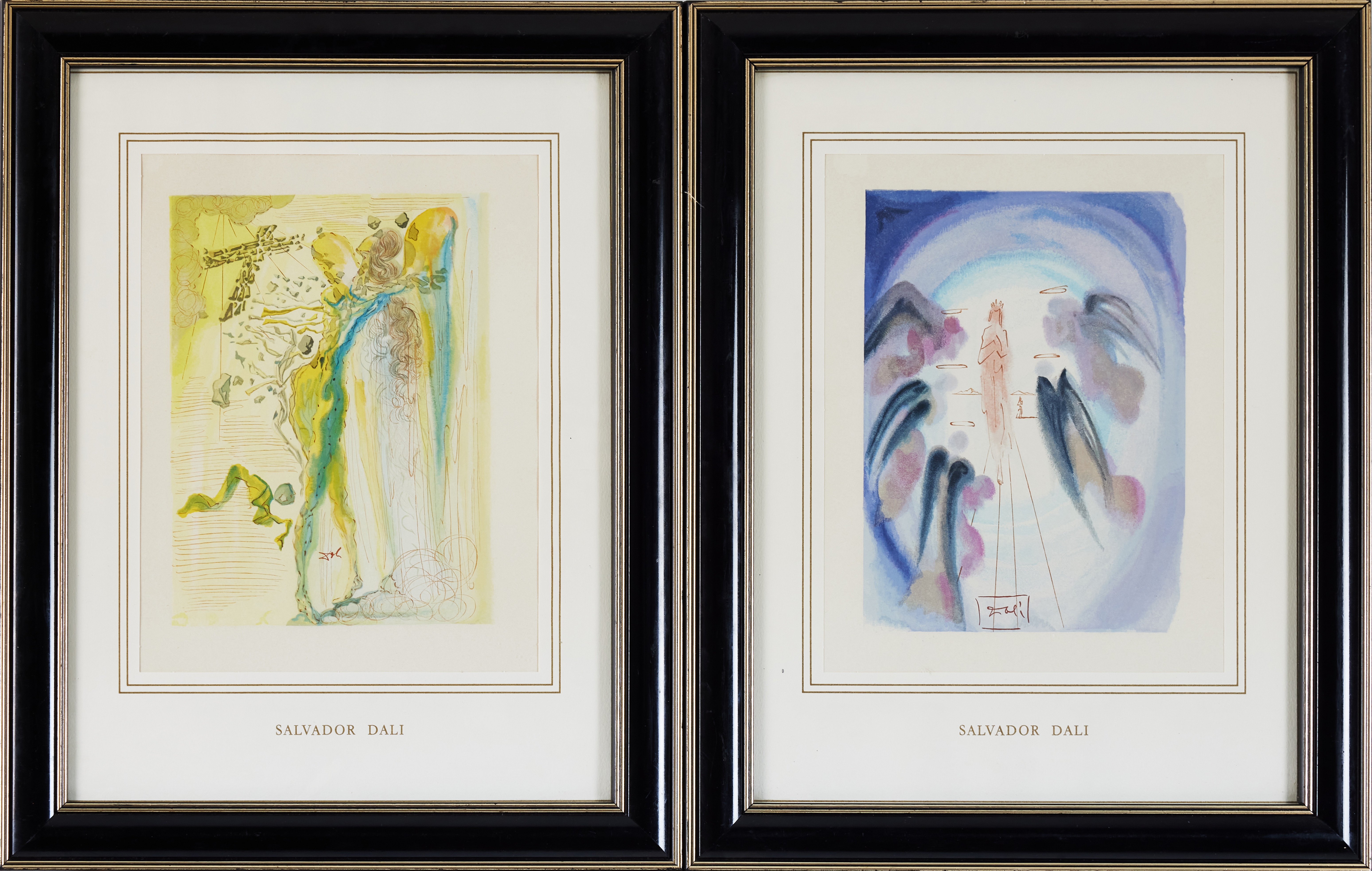 SALVADOR DALÍ. "L'Eclat des corps glorieux" (Chant 12) och ""La Joie des bienheureux" (Chant 24), ur: "La Divine Comédie (Le Paradis)". Trägravyrer (2 st), 1960, signerade i trycket.