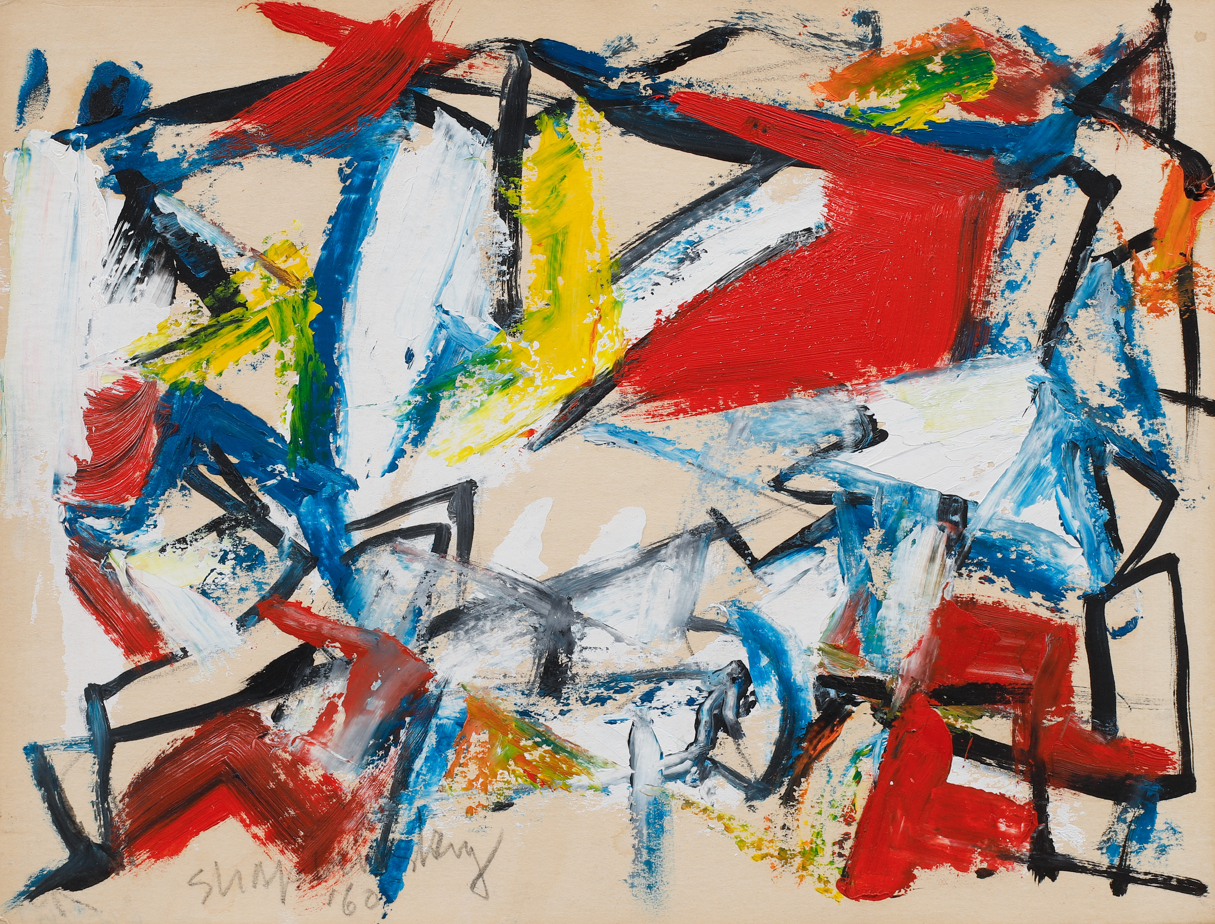 HAROLD SHAPINSKY. Komposition. Olja/gouache på papper. Utförd 1960.