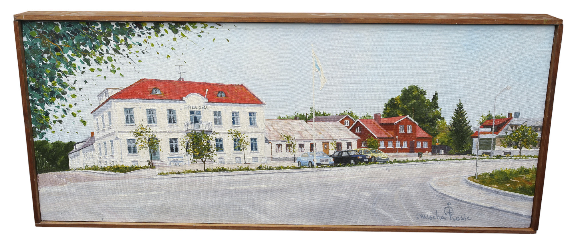 MISCHA ROSIC. Olja på duk, föreställande hotell Svea Vollsjö.