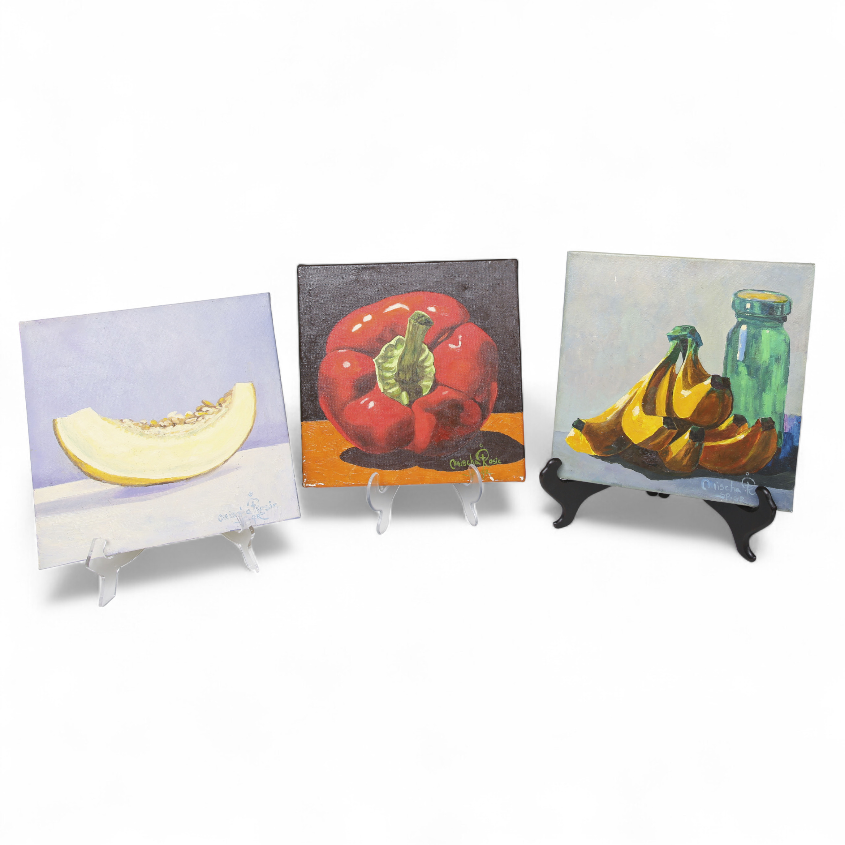 MISCHA ROSIC. Olja på duk, stilleben med paprika, melon och bananer, signerade,3 stycken.