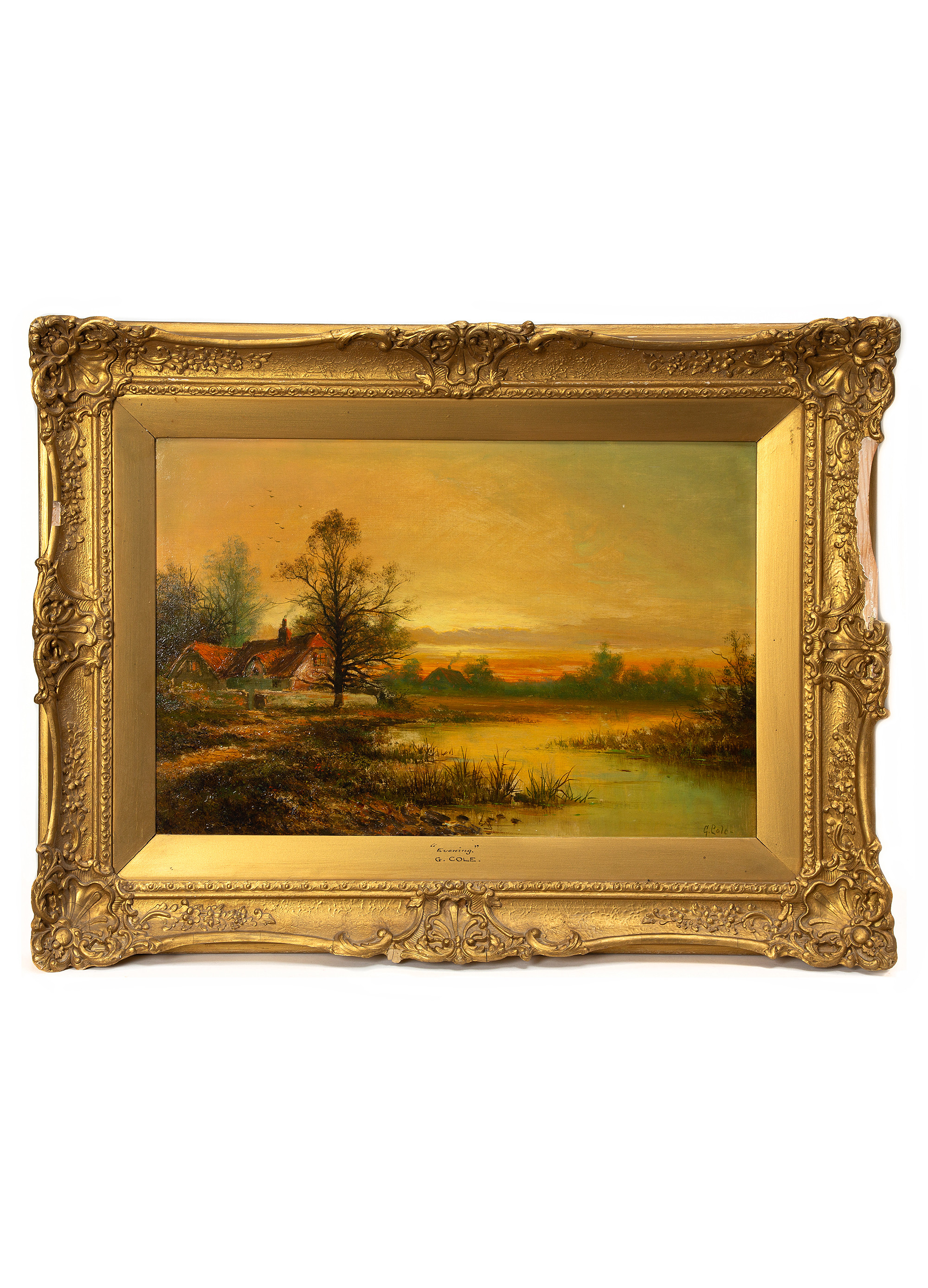 G. COLE. "Evening", olja på duk, 1800-tal.