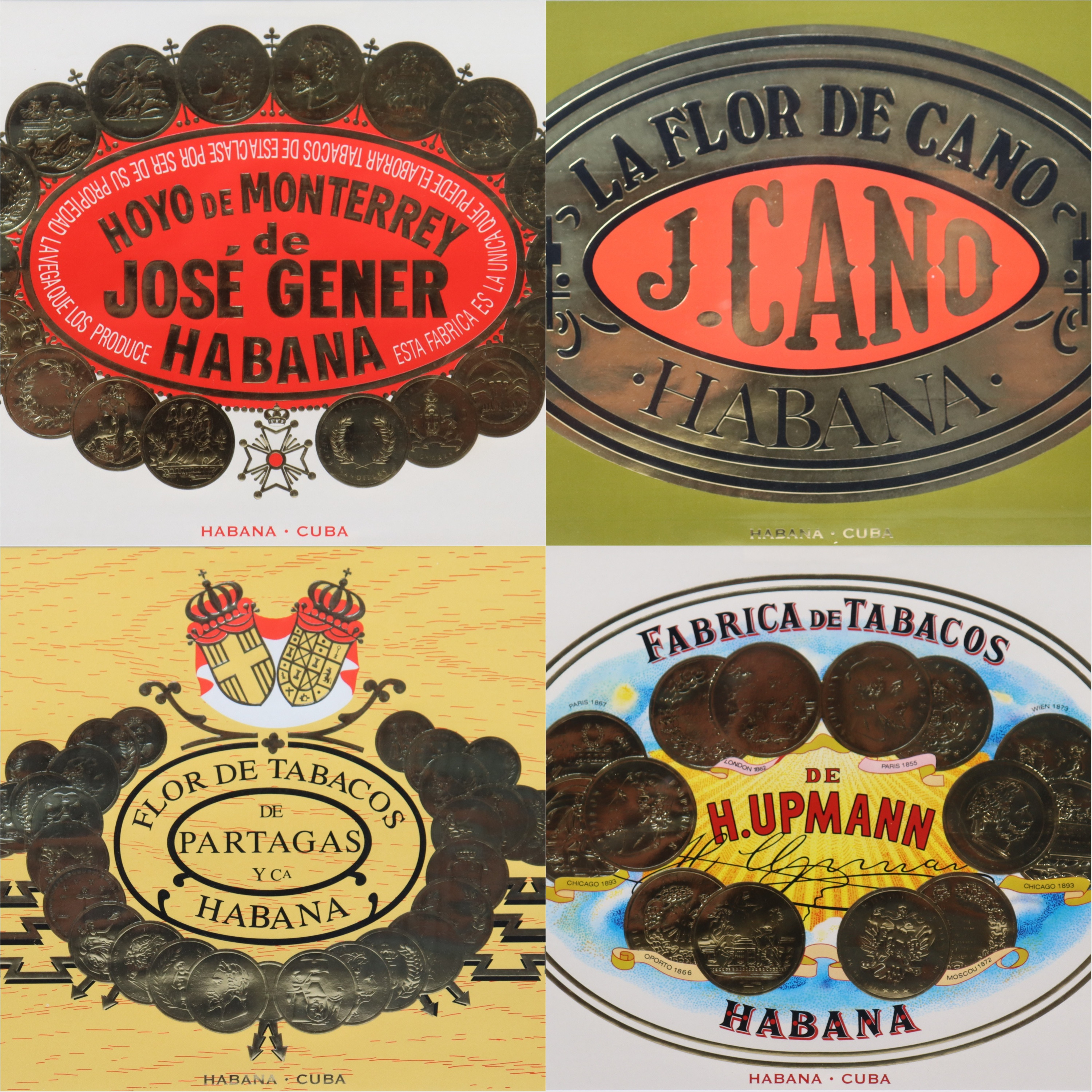 CIGARRKONST, inramade reliefklistermärken, kubanska cigarrer, Partagas, H.Upmann, Hoyo de Monterrey, J.Cano, 4st.