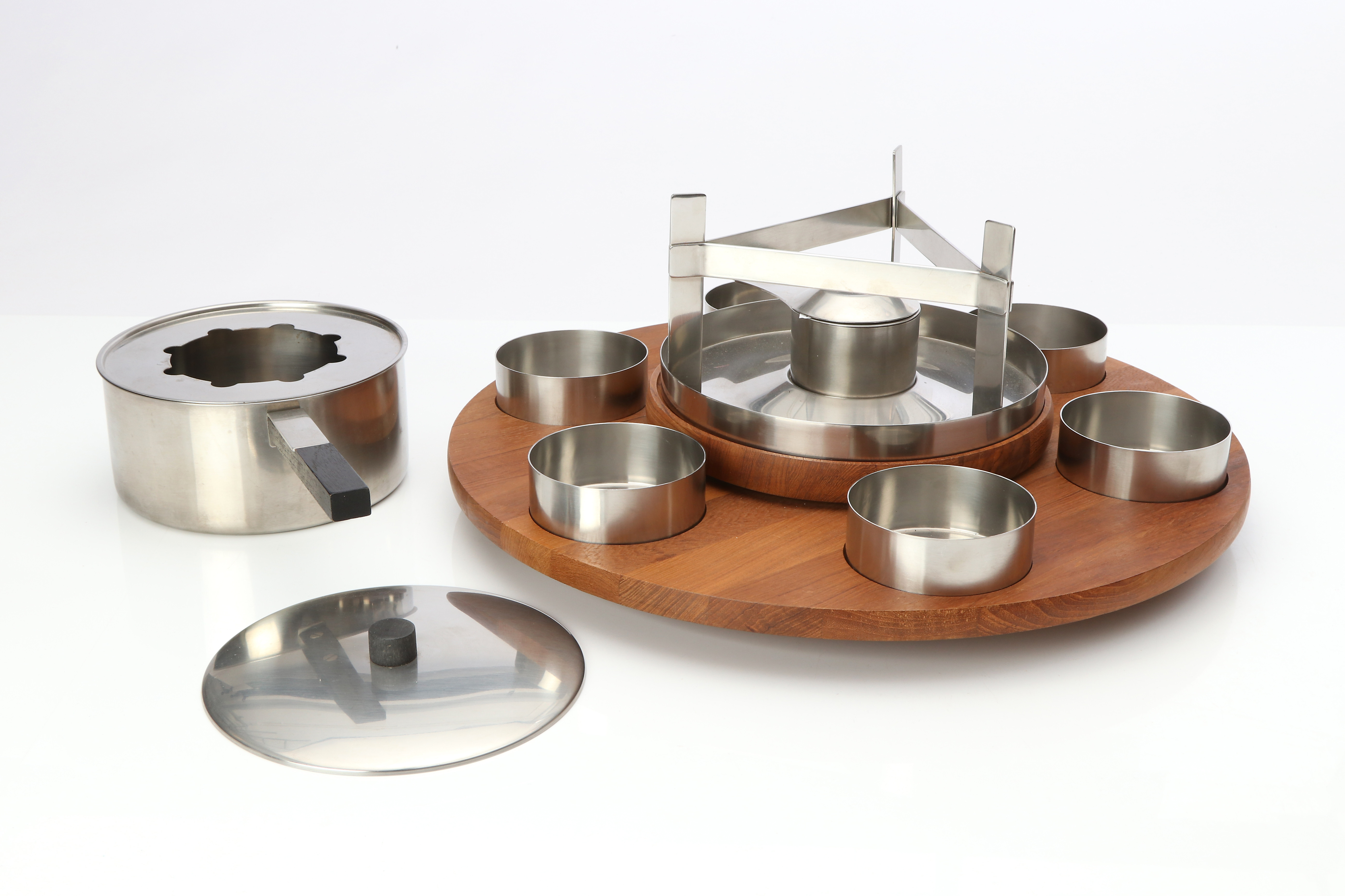 Service à Fondue Stelton En Inox Et Teck Avec Plateau Tournant - Vintage Scandinave