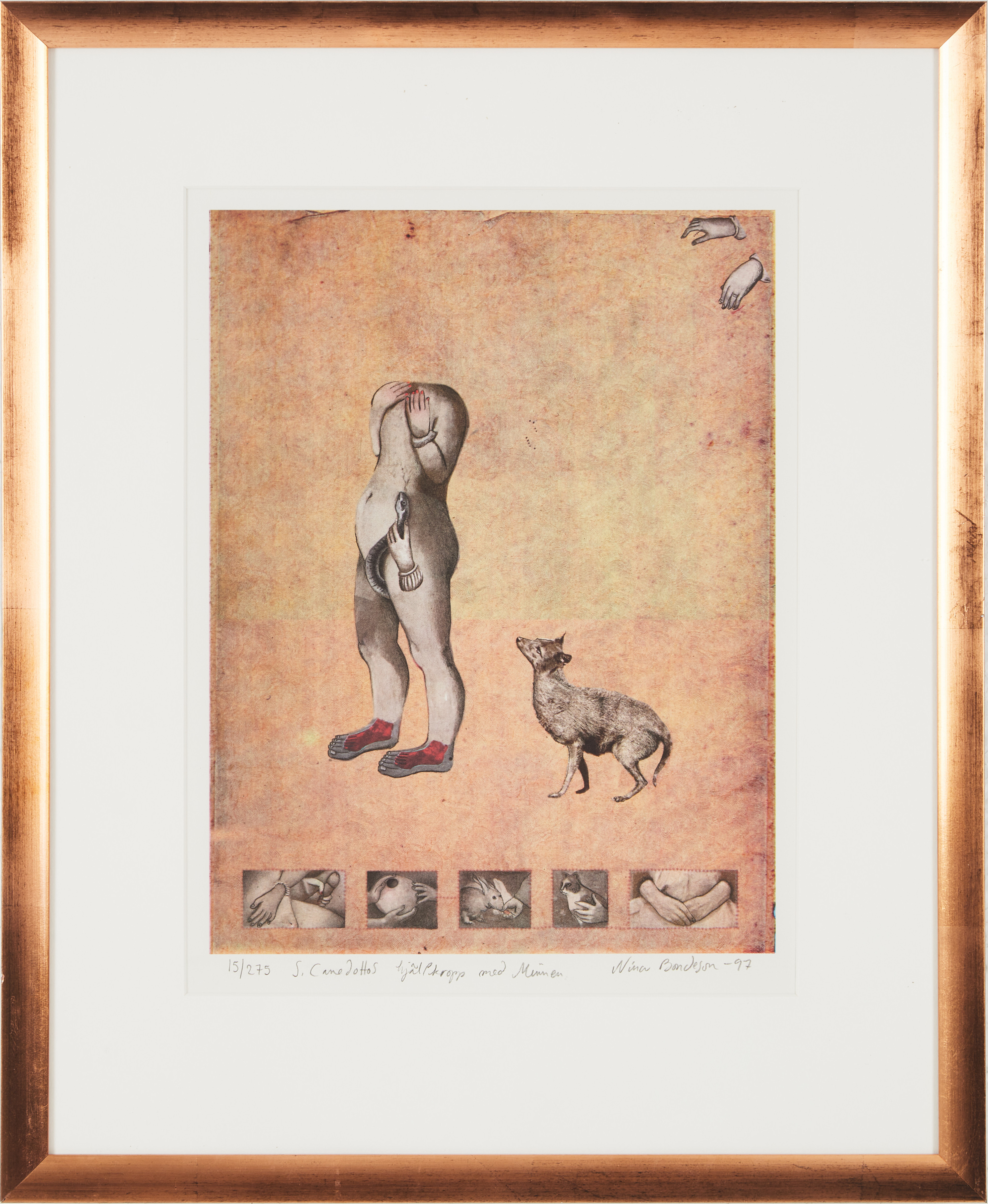 NINA BONDESON, "S. Canedottos hjälpkropp med minnen", färglitografi, signerad och numrerad 15/275, daterad -97.