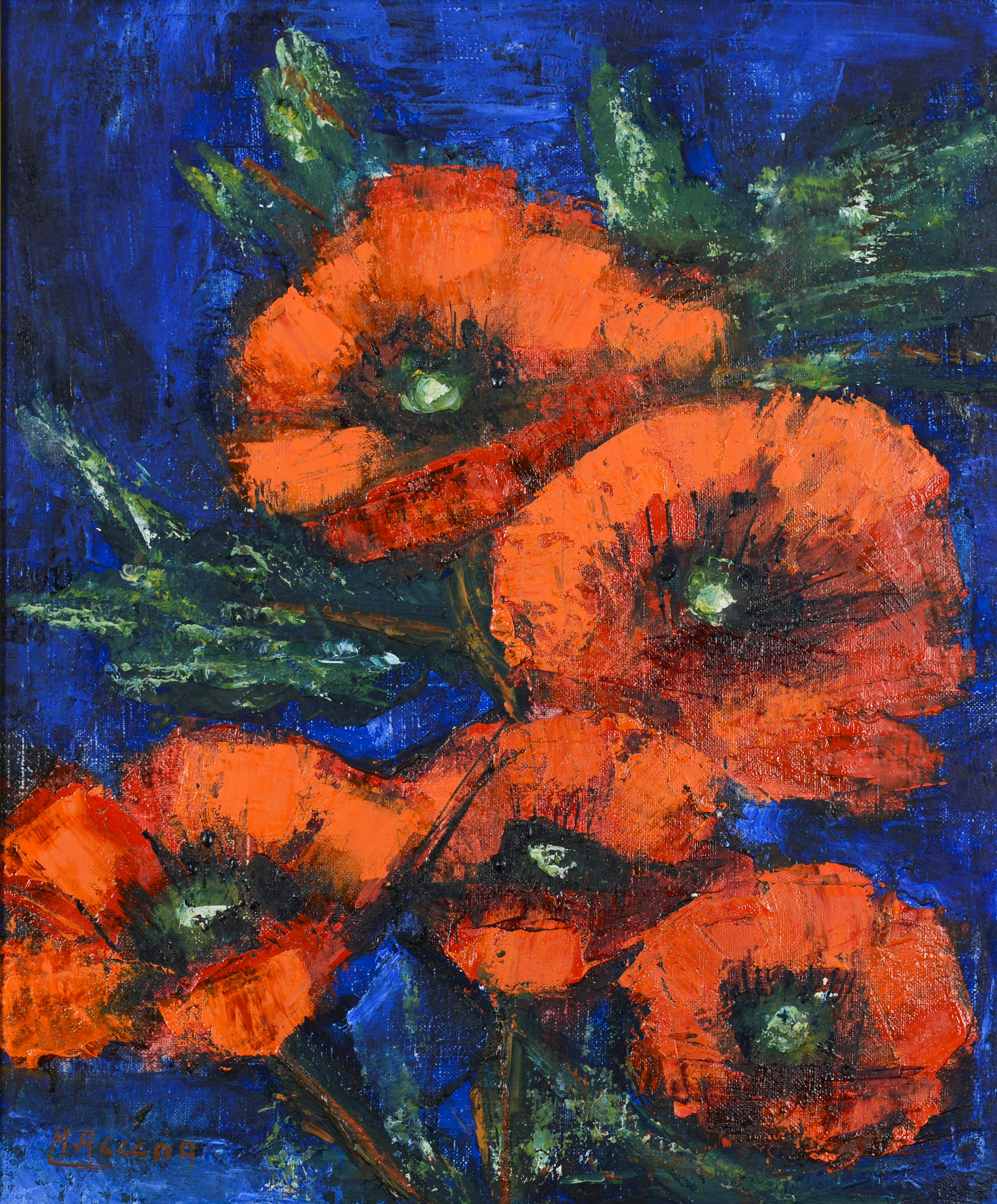 MARIA ACUÑA. Blomstermotiv med vallmo, olja på duk, signerad.