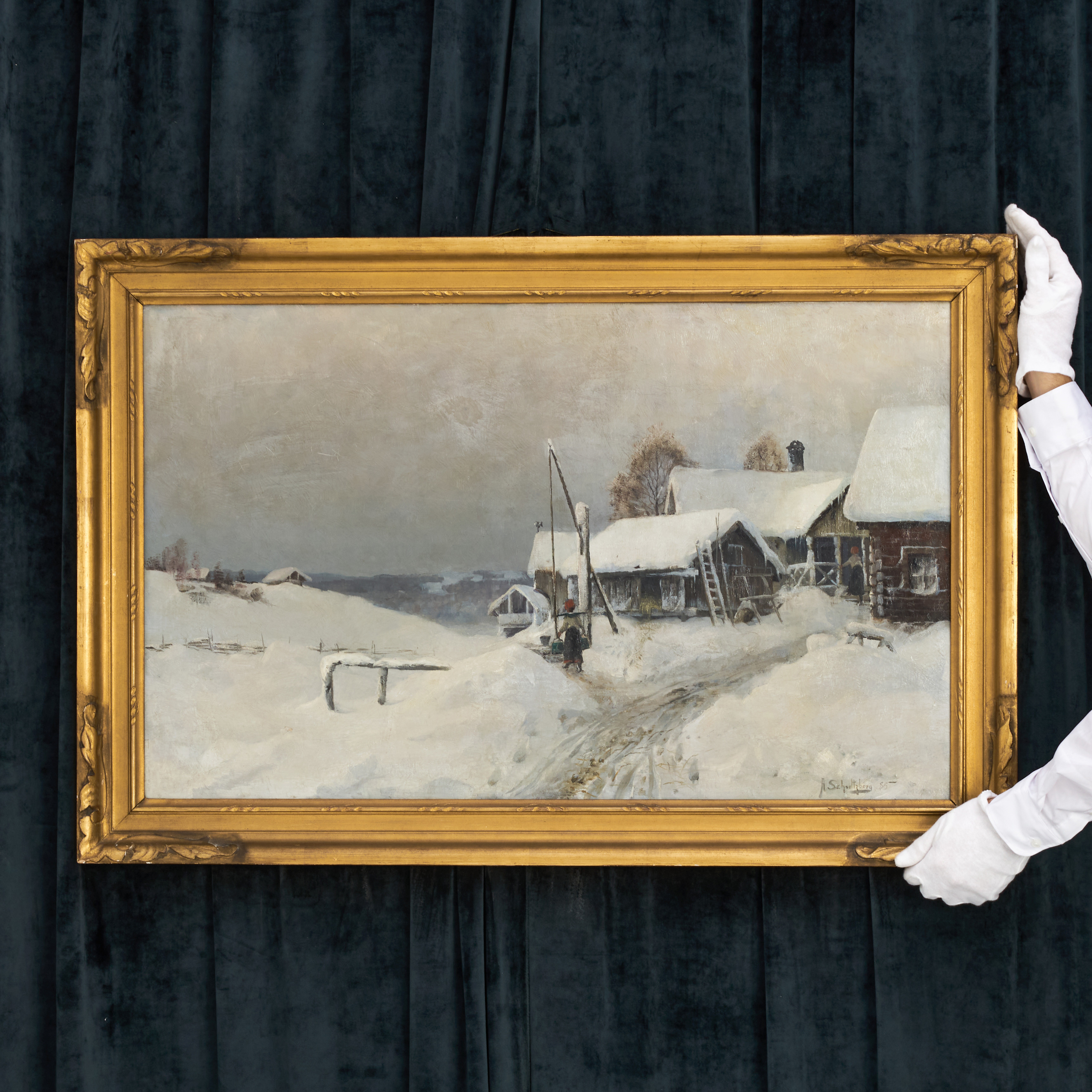 ANSHELM SCHULTZBERG (SVERIGE, 1862–1945). Gård i vinterskrud, signerad A. Schultzberg, daterad 85, olja på duk.