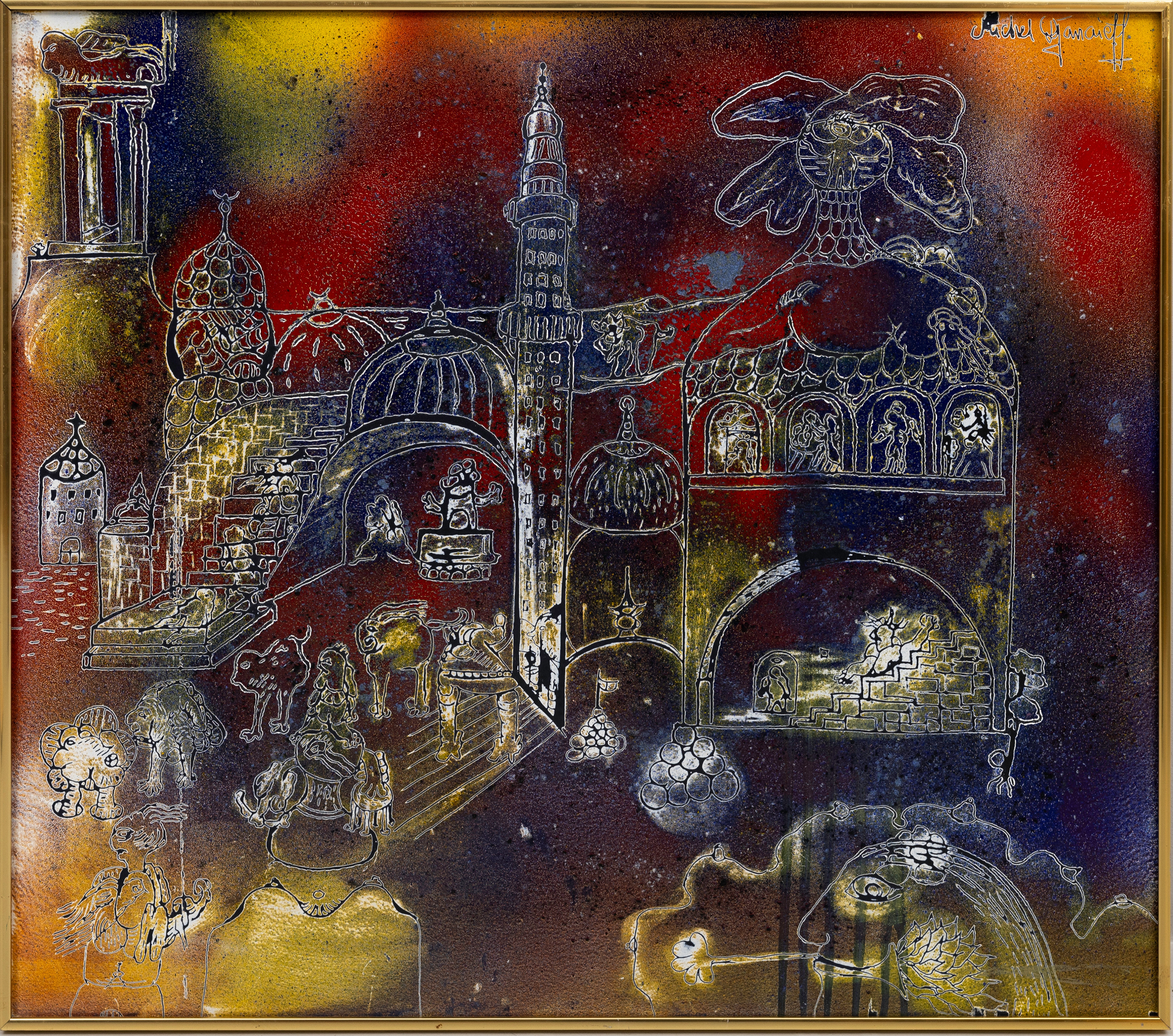 MICHEL DJANAIEFF. Komposition med figurer och byggnader, emaljmålning, signerad.