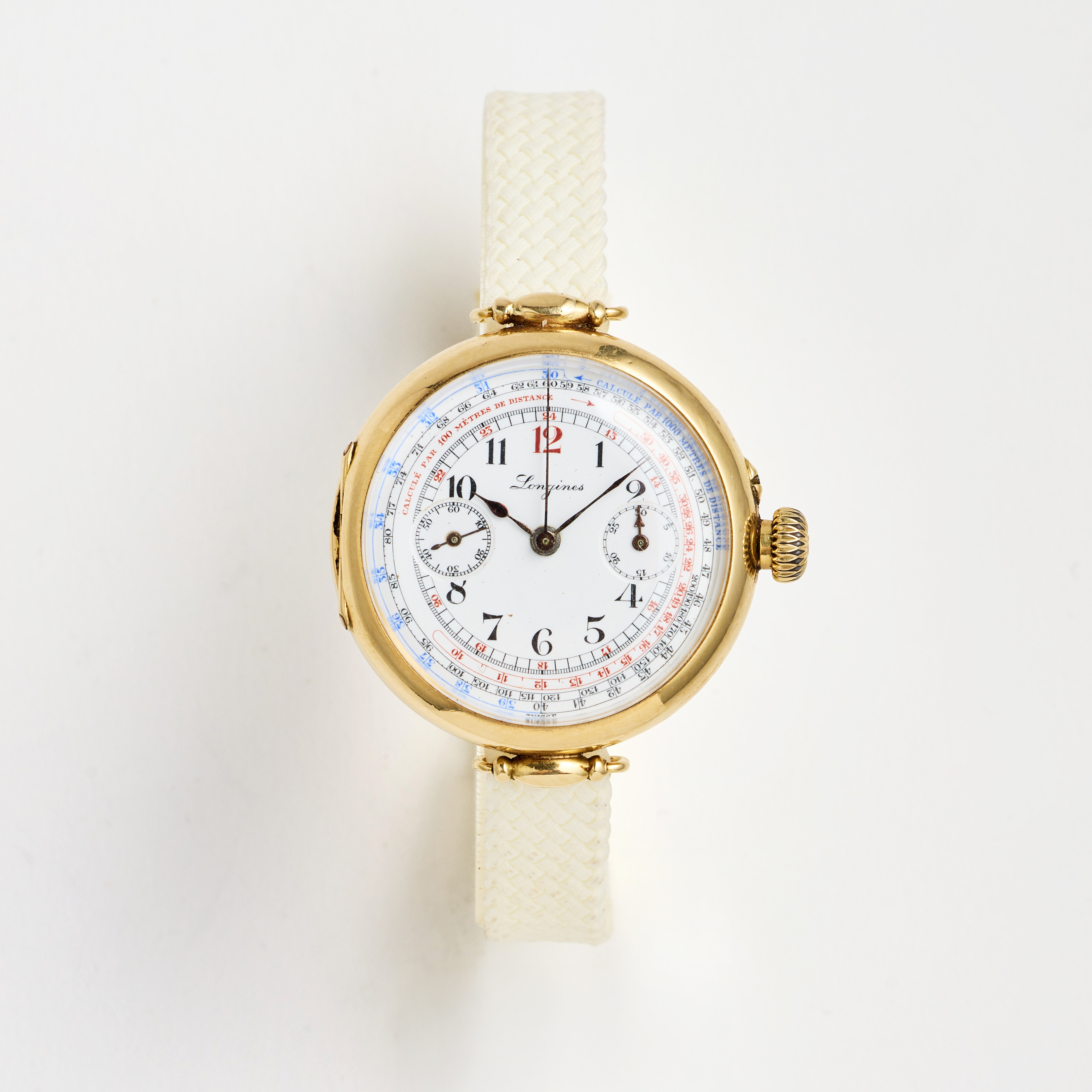 LONGINES, enknappskronograf, "Rödtolva", armbandsur, 34 mm, 18K guld, ca 1915.