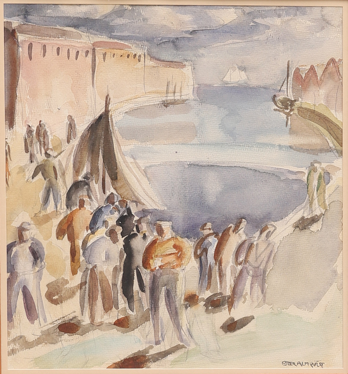 ESTER ALMQVIST. "Hamnbild", motiv från Kalmar hamn, akvarell, signerad, troligen utförd omkring 1917.