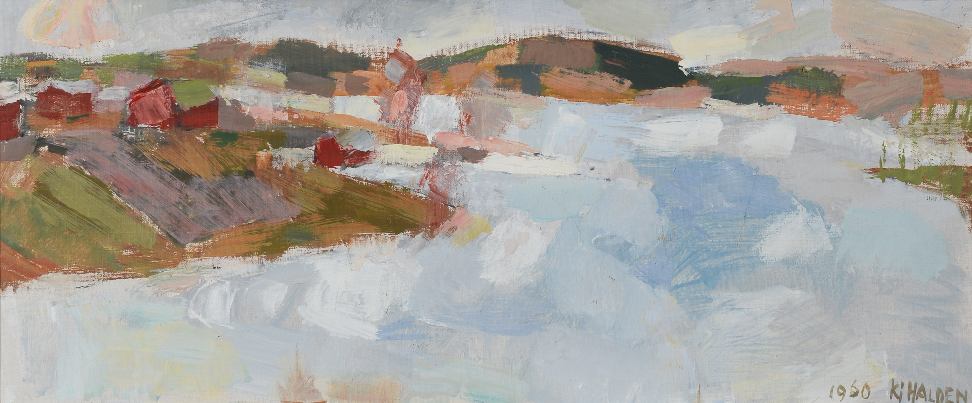 KJERSTIN HALDEN. "Vårvinterlandskap", olja på duk, signerad samt daterad 1960.