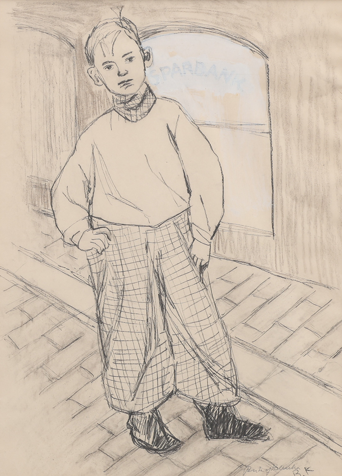 BRITA AF KLERCKER. KOL PÅ PAPPER, POJKE MED ATTITYD, SIGNERAD, 1940-50-TAL.