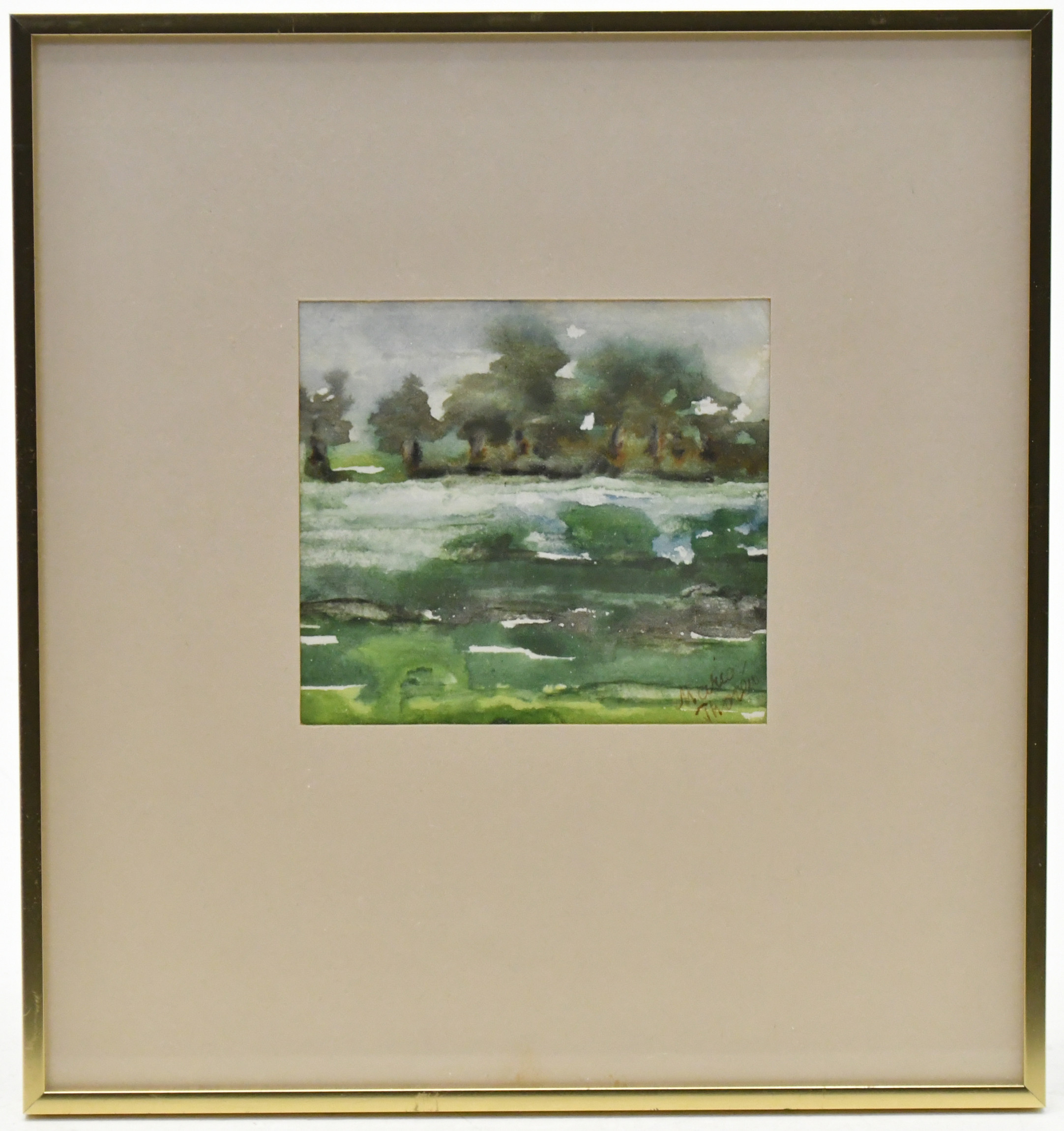 OIDENTIFIERAD KONSTNÄR. Grön vy mot träd. Akvarell.