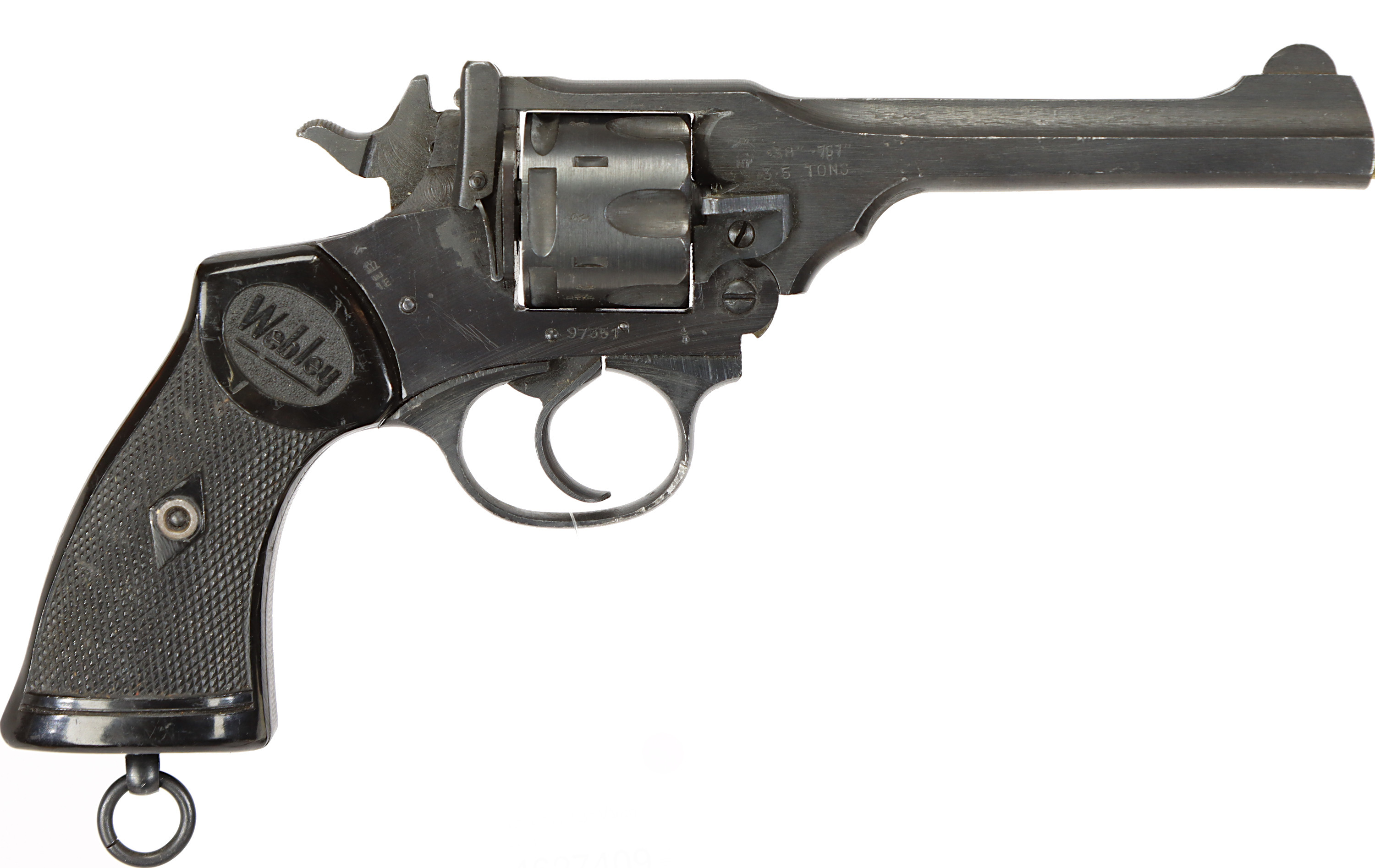 RE, fabrikat Webley & Scott, modell Mark IV , kaliber .38 S&W, tillv.nr 97351, se-nr SE0834389.