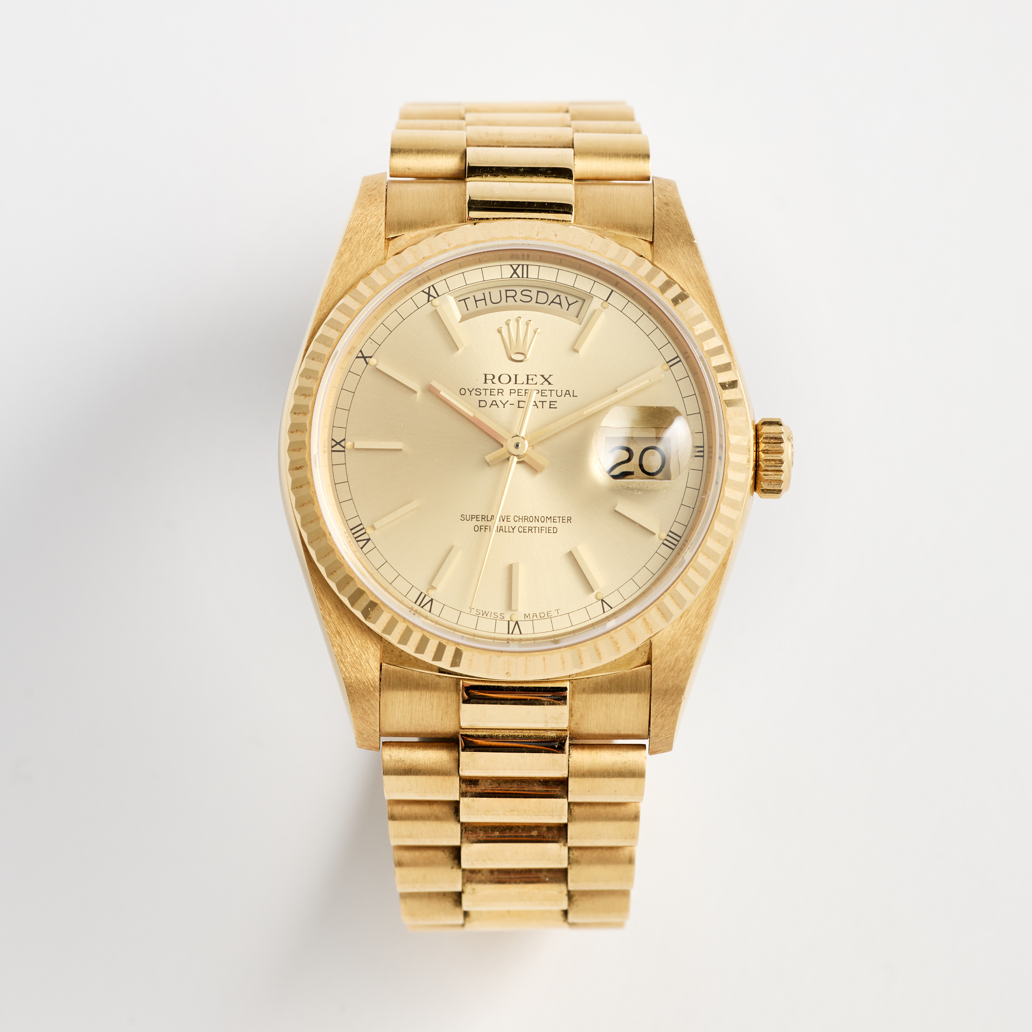 ROLEX, Oyster Perpetual, Day-Date (T Swiss Made T), Chronometer, armbandsur, 36 mm, 18K guld, ca 1986.