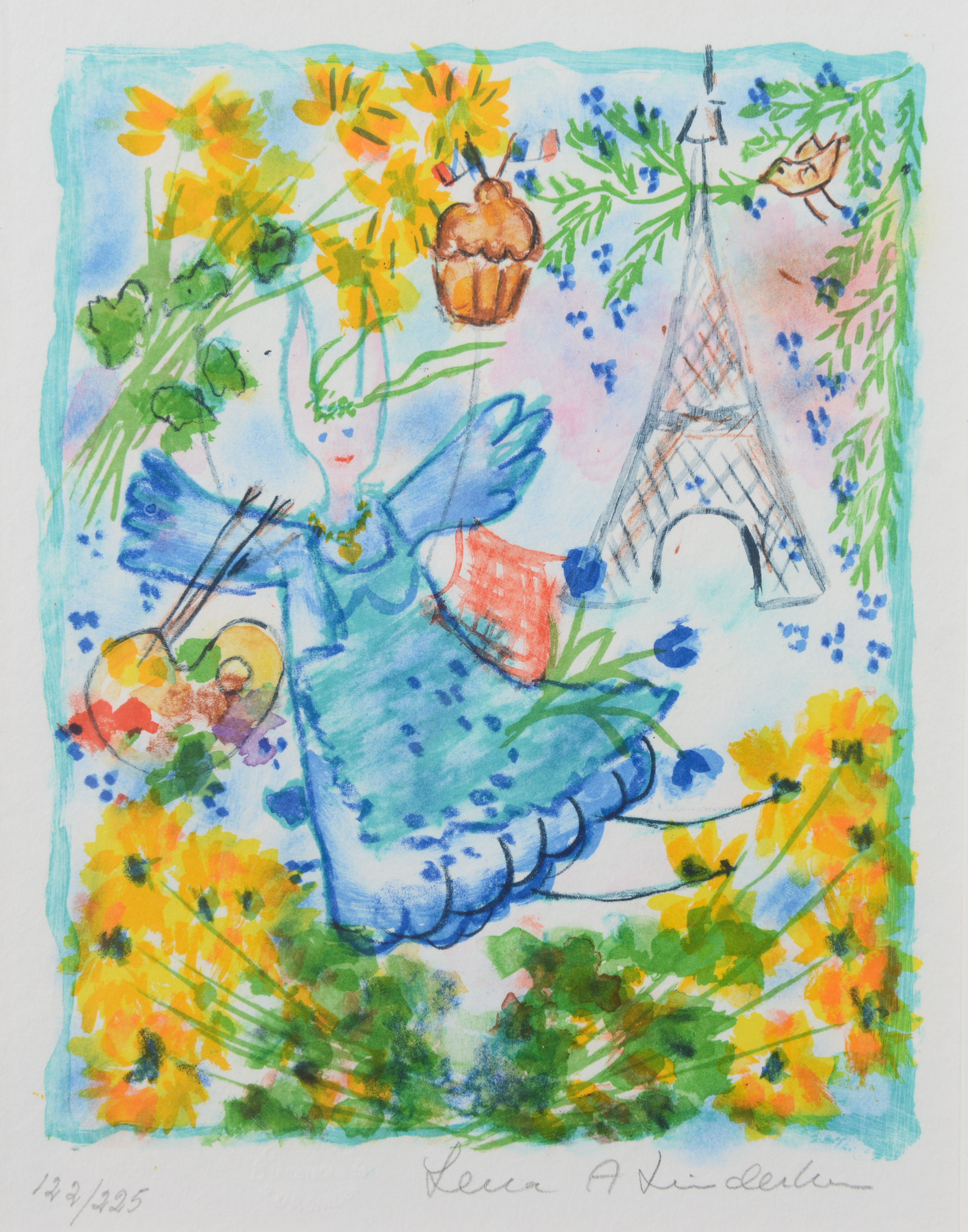 LENA LINDERHOLM. "Ängel i Paris", färglitografi, signerad och numrerad 122/225.