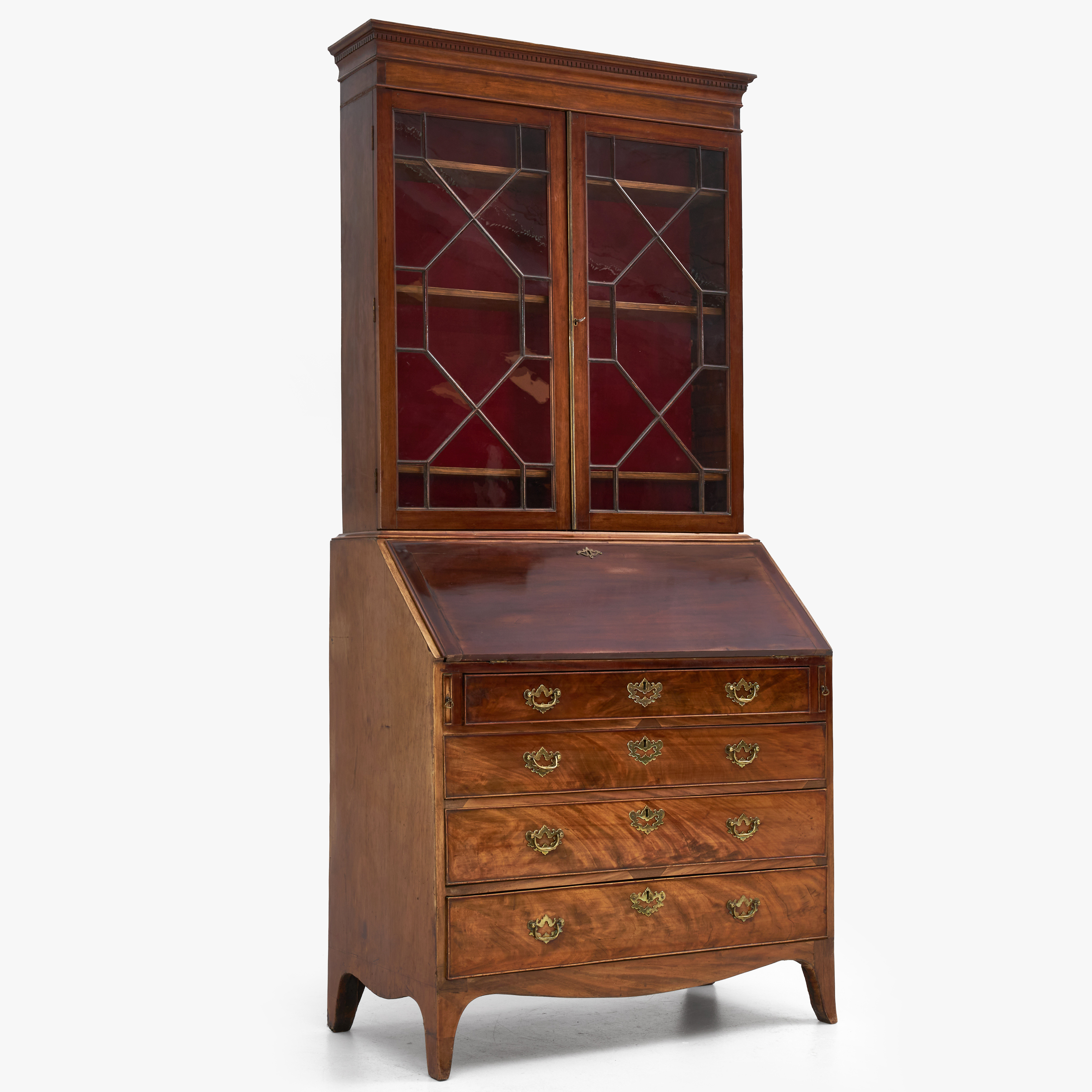 BOKSKÅP, 2-delat, mahogny, glasat överskåp med skrivdel och byrå, England, 1800-tal.