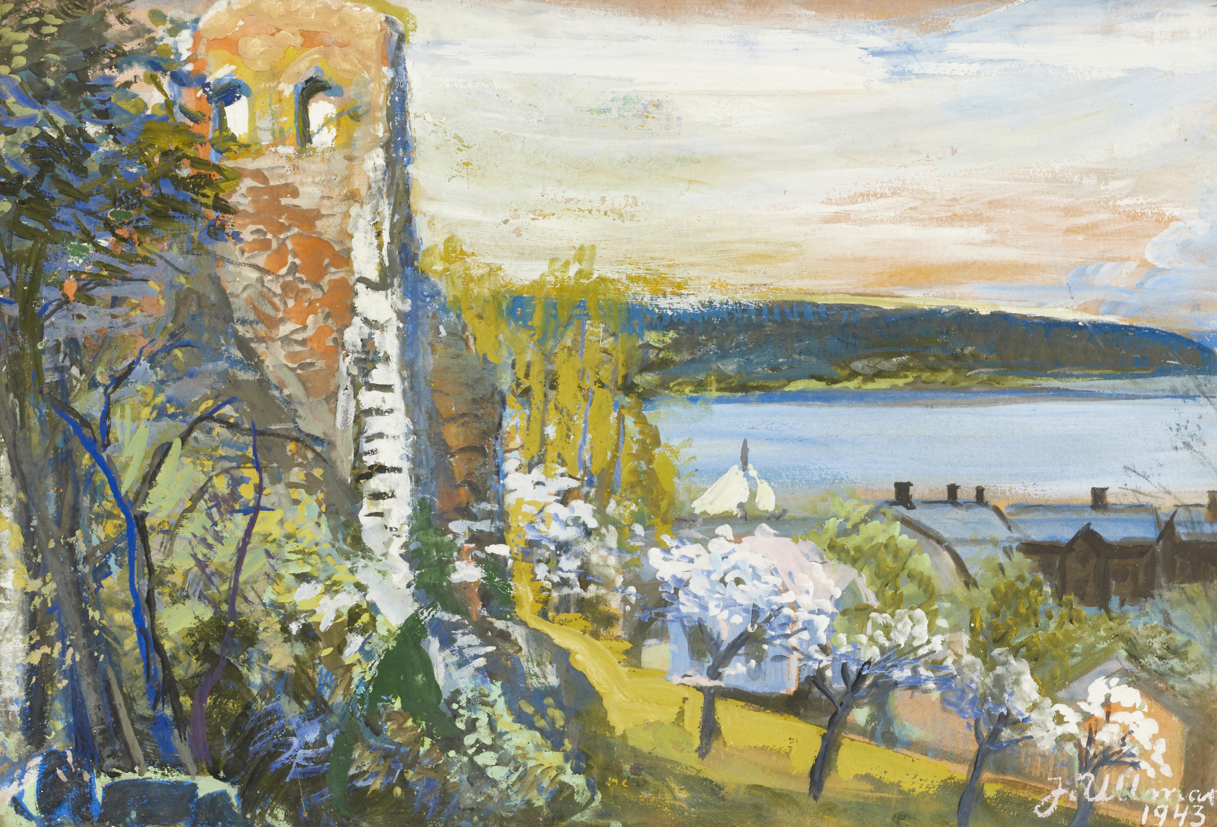 JOHN ULLMAN (1903-1973). Landskap med utsikt över vik, signerad J Ullman, daterad 1943, gouache på papper.