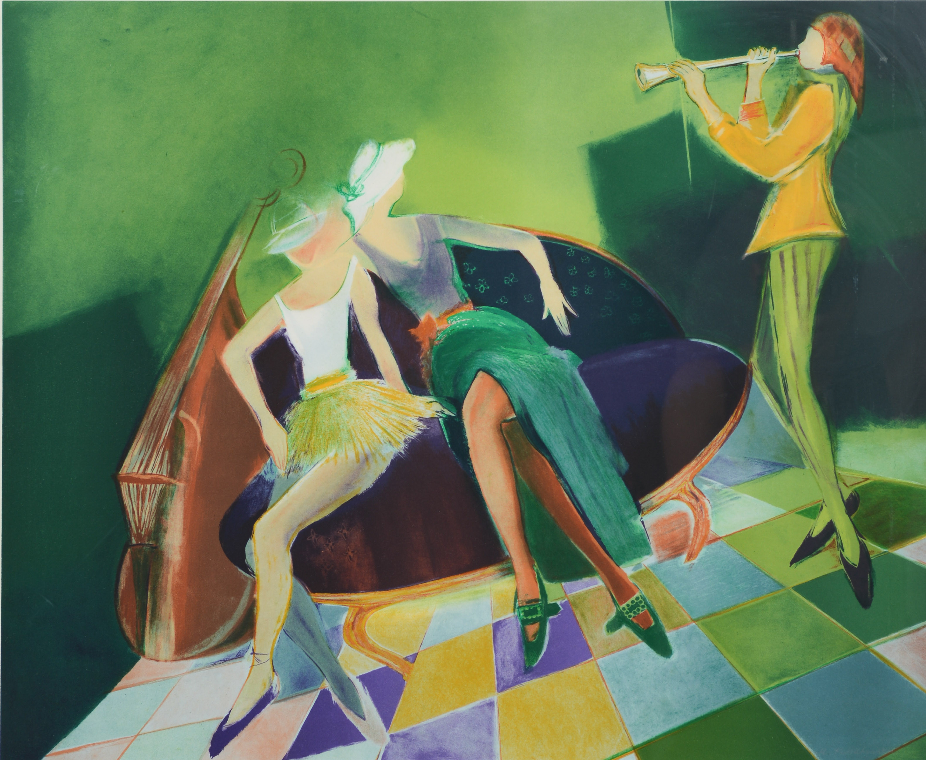 MAGDALENA KOSSAKOWSKA. Komposition med figurer och instrument, färglitografi.