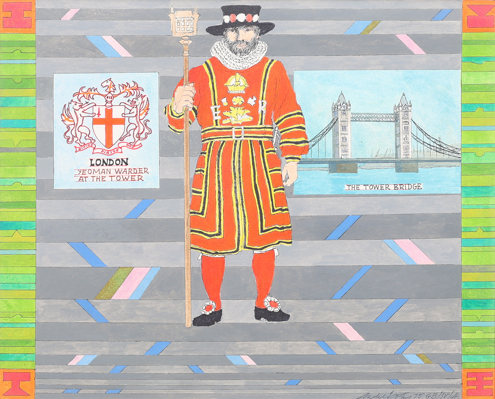 ENDEL KÕKS 1912-1983. BLANDTEKNIK PÅ PAPPER, "LONDON, YEOMAN WARDER AT THE TOWER, THE TOWER BRIDGE", SIGNERAD OCH DATERAD 1975.